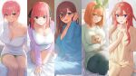  5girls :d bed_sheet breasts cleavage collage column_lineup go-toubun_no_hanayome hair_between_eyes highres large_breasts looking_at_viewer multiple_girls nakano_ichika nakano_itsuki nakano_miku nakano_nino nakano_yotsuba nhaliz on_bed orange_hair pajamas pink_hair red_hair sitting smile sunlight 