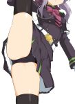  1girl belt belt_buckle black_jacket black_panties black_skirt bow breasts buckle cameltoe commentary_request facing_viewer gloves grey_hair head_out_of_frame highres hiiragi_shinoa jacket leg_up long_hair long_sleeves medium_breasts momio necktie owari_no_seraph panties parted_lips red_bow red_necktie simple_background skirt solo split standing standing_on_one_leg standing_split thighhighs underwear white_background white_belt white_gloves 