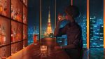  1boy alcohol bar bar_stool black_hair black_shirt bottle building city cityscape closed_eyes collared_shirt commentary_request cup drinking glass highres holding holding_cup night original pasoputi scenery shirt sitting skyline skyscraper sleeves_rolled_up stool tokyo_(city) tokyo_tower whiskey window wrist_cuffs 