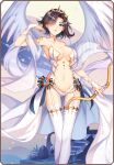  1girl armlet artist_request bare_shoulders black_hair blue_eyes blue_gemstone blue_ribbon border bow_(weapon) breasts bridal_gauntlets cape center_opening chain choker cleavage collarbone crown elona elona_mobile feathered_wings feet_out_of_frame gem grass hagoromo hair_flaps hair_over_one_eye hand_up holding holding_bow_(weapon) holding_weapon leotard looking_at_viewer lowres lulwy_of_wind navel official_art one_eye_covered revealing_clothes ribbon see-through shawl short_hair smile solo stairs standing strapless strapless_leotard thigh_gap thighhighs waist_cape weapon white_cape white_legwear wings 