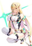  1girl adapted_costume aegis_sword_(xenoblade) bangs blonde_hair breasts chest_jewel daive earrings elbow_gloves gloves highres jewelry large_breasts long_hair mythra_(xenoblade) short_shorts shorts solo swept_bangs sword thighhighs tiara very_long_hair weapon white_gloves xenoblade_chronicles_(series) xenoblade_chronicles_2 yellow_eyes 