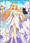  1girl animal artist_request black_cat black_cat_(elona) blonde_hair blue_eyes blue_sky border bracelet breast_suppress breasts cape cape_hold cat clover cracked_floor dress ehekatl_of_luck elona elona_mobile feathered_wings feet_out_of_frame flying hand_up holding holding_staff jewelry long_hair looking_at_viewer lowres no_shoes official_art one_eye_closed sky smile socks solo_focus staff standing very_long_hair white_cape white_dress white_wings wings 