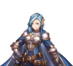  arm_at_side armor artist_request belt between_breasts blue_cape blue_dress blue_eyes blue_gemstone blue_hair blue_theme breastplate breasts cape dress earrings elona elona_mobile gauntlets gem hair_behind_ear hand_on_hip highres jewelry larnneire long_hair long_sleeves looking_at_viewer mole mole_under_eye official_art solo sword transparent_background upper_body weapon 