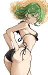  1girl :/ adjusting_clothes adjusting_swimsuit arched_back arms_behind_back ass bangs bikini black_bikini breasts closed_mouth curly_hair from_behind green_eyes green_hair halterneck hat highres looking_down looking_to_the_side one-punch_man rakeemspoon short_hair side-tie_bikini simple_background small_breasts solo straw_hat sun_hat swimsuit tatsumaki white_background 