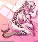  age_difference anthro bed big_breasts breasts duo embrace eyes_closed female flat_chested fuf furniture giraffe giraffid hair heart_(marking) hi_res hooves horn hug hybrid mammal nude ossicone pillow pink_hair sleeping 