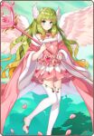  1girl artist_request bangs blunt_bangs blush border choker dress elona elona_mobile feathered_wings feet_out_of_frame flat_chest flower flying fur-trimmed_dress fur_trim gradient_hair green_hair hair_flower hair_ornament head_wings heart heart_print high_heels holding holding_staff jure_of_healing long_hair long_sleeves looking_at_viewer lowres mini_wings multicolored_hair multiple_wings official_art orange_hair petals pink_dress short_dress sidelocks solo staff standing thighhighs two-tone_hair very_long_hair wavy_hair white_legwear white_wings wide_sleeves wings zettai_ryouiki 