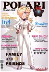  1girl absurdres black_scarf blonde_hair blue_eyes bow breasts cleavage cover crown english_text eyewear_on_head fake_magazine_cover fashion hair_bow hands_on_hips high_heels highres luma_(mario) magazine_cover mario_(series) mini_crown pursed_lips rosalina sarukaiwolf scarf standing super_mario_galaxy 