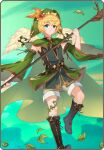  androgynous artist_request black_footwear blonde_hair blue_eyes boots border cape capelet cross-laced_footwear detached_sleeves elona elona_mobile falling_leaves feathered_wings feet_out_of_frame flying foot_up green_cape green_capelet green_headwear green_shorts green_theme hair_ornament hand_up hat holding holding_weapon jester_cap knee_boots kneehighs kumiromi_of_harvest lace-up_boots leaf leaf_hair_ornament looking_at_viewer lowres male_focus official_art plant short_hair shorts solo standing vines weapon white_wings wide_sleeves wings 
