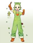  1boy :d animal_ears aona_(noraneko) arms_up character_name clenched_hand forehead gloves grey_eyes grookey hair_pulled_back hair_tie holding holding_stick humanization looking_at_object male_focus monkey_ears monkey_tail open_mouth overalls pokedex_number pokemon shirt shoes short_hair signature smile sneakers stick t-shirt tail v-shaped_eyebrows work_gloves 