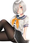  1girl arm_support bangs black_legwear black_skirt blue_eyes blue_sailor_collar breasts closed_mouth collarbone grey_hair hair_ornament hair_over_one_eye hairclip hamakaze_(kancolle) highres kantai_collection knee_up large_breasts long_bangs looking_at_viewer neckerchief orange_neckerchief pantyhose pevy2323 sailor_collar school_uniform serafuku shirt short_hair short_sleeves sitting skirt smile solo thighband_pantyhose white_background white_shirt 