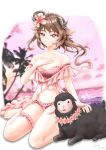  1girl absurdres animal_ears arknights bangs bare_legs bare_shoulders barefoot bikini breasts brown_hair cleavage eyjafjalla_(arknights) eyjafjalla_(summer_flowers)_(arknights) flower hair_flower hair_ornament hand_on_own_chest highres horns leg_garter long_hair looking_at_viewer navel off-shoulder_bikini off_shoulder official_alternate_costume palm_tree pink_bikini pink_eyes pink_flower plaid plaid_bikini sheep sheep_ears sheep_horns sitting smile solo stomach swimsuit thighs tree uep wariza 