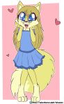  &lt;3 anthro barefoot black_nose blonde_hair blue_eyes canid canine clothed clothing dress eyewear feet female fox fuf fur glasses hair happy hi_res mammal open_mouth polymorph solo yellow_body yellow_fur young 