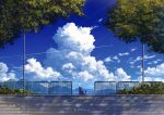  aeuna blue_sky bush cat cloud contrail cumulonimbus_cloud dappled_sunlight day english_commentary highres lamppost landscape mountain mountainous_horizon no_humans original outdoors railing rural scenery sky stairs summer sunlight tree watermark 