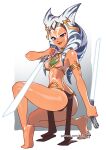  1girl ahsoka_tano alien armlet artist_name ass bare_shoulders blue_eyes blue_hair bra breasts cosplay dark-skinned_female dark_skin dual_wielding energy_sword english_commentary facial_mark feet from_behind full_body green_bra holding holding_sword holding_weapon kajin_(kajinman) lightsaber lips loincloth long_hair looking_at_viewer looking_back medium_breasts multicolored_hair patreon_username princess_leia_organa_solo princess_leia_organa_solo_(cosplay) sideboob simple_background slit_pupils smile soles solo squatting star_wars stomach_tattoo sword tattoo tentacle_hair the_mandalorian thick_lips thighs two-tone_hair underwear weapon white_hair 