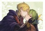  1boy 1girl artist_name bangs black_gloves blonde_hair brown_coat cape coat couple dated from_side gloves green_background green_hair hair_ribbon half-closed_eyes half_updo hand_on_another&#039;s_back hand_on_another&#039;s_cheek hand_on_another&#039;s_face hand_on_another&#039;s_head hand_on_another&#039;s_shoulder hands_up heart herayoshi hetero highres kiki_(herayoshi) kiss kissing_cheek leaf leaning_forward long_sleeves looking_at_another looking_away one_eye_closed original profile purple_cape red_gloves resu_(herayoshi) ribbon short_hair smile yellow_ribbon 
