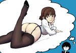  1boy 1girl :3 amamiya_ren ass blood brown_hair feet garter_straps high_heels lingerie niijima_makoto nosebleed persona persona_5 plow_(mrplow34) red_eyes thighhighs thought_bubble underwear 