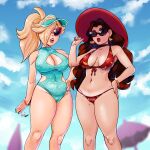  2girls absurdres banana_earrings banana_print bare_legs beach_umbrella bikini blonde_hair blurry blurry_background bracelet breasts brown_hair cleavage cleavage_cutout clothing_cutout covered_nipples donkey_kong_(game) earrings hair_over_one_eye hand_on_hip hat highres jewelry long_hair mario_(series) multiple_girls nagai_(jorgemendozaart) navel one-piece_swimsuit pauline_(mario) ponytail red_bikini red_lips rosalina standing stomach sun_hat super_mario_galaxy swimsuit tan tanlines thighs umbrella visor_cap wavy_hair 