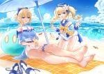  2girls :d absurdres bangs barbara_(genshin_impact) bare_legs bare_shoulders barefoot beach_towel beach_umbrella blonde_hair blue_bow blue_choker blue_eyes blue_footwear blue_sailor_collar blue_sky bow breasts choker cloud crab day detached_sleeves flower genshin_impact hair_between_eyes hair_bow hair_flower hair_ornament hat highres jean_(genshin_impact) kneeling long_hair looking_at_viewer medium_breasts medium_hair multiple_girls ocean outdoors ponytail sailor_collar sand_castle sand_sculpture sandals sandals_removed short_shorts shorts siblings sisters sitting sky smile thighs towel twintails uep umbrella water white_flower white_shorts yellow_bow 