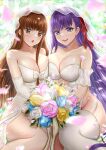  2girls :d :o absurdres arm_strap bangs bare_legs bare_shoulders bb_(fate) bb_(fate/extra) blush bouquet bow breast_press breasts bride brown_eyes brown_hair cleavage collarbone dress elbow_gloves falling_petals fate/extra fate/extra_ccc fate_(series) flower garter_straps gloves groin hair_between_breasts highres holding holding_bouquet holding_flower kishinami_hakuno_(female) large_breasts long_hair looking_at_viewer multiple_girls nori_chazuke petals purple_eyes purple_hair smile symmetrical_docking thighhighs veil wedding_dress white_bow white_dress white_gloves white_legwear 