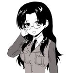  1girl :d alternate_costume black_hair black_jacket black_necktie blush breast_pocket dress_shirt fukuda_haru girls_und_panzer glasses greyscale hair_down hand_in_own_hair jacket kamishima_kanon long_sleeves looking_at_viewer monochrome necktie older pocket selection_university_military_uniform shirt simple_background smile solo upper_body white_background white_shirt 