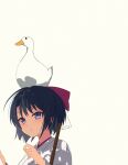  1girl animal_on_head bangs bird bird_on_head black_hair blue_eyes bow character_request copyright_request duck gohei hair_bow highres koyuki_ekaki looking_at_viewer on_head open_mouth red_bow short_hair simple_background symbol-only_commentary upper_body white_background 