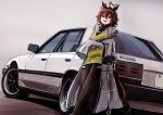  1girl 3books absurdres agnes_tachyon_(umamusume) animal_ears black_legwear black_necktie brown_hair car cowlick grey_jacket ground_vehicle highres horse_ears horse_girl jacket motor_vehicle necktie nissan_skyline open_mouth pantyhose red_eyes short_hair short_necktie smile tail_lights umamusume vest yellow_vest 