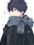  1boy ao_no_exorcist aoirnn black_coat black_hair blue_eyes blue_scarf coat eyebrows_visible_through_hair grey_background highres male_focus okumura_rin open_clothes open_coat parted_lips pointy_ears red_pupils scarf simple_background slit_pupils snow snowflake_print snowing solo upper_body 