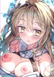  1girl blonde_hair blush breasts eyebrows_visible_through_hair flower genshin_impact hair_between_eyes hair_flower hair_ornament large_breasts long_hair lumine_(genshin_impact) nipples parted_lips redcomet solo upper_body 