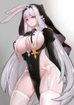  1girl animal_ears artist_request breast_curtains breasts cleavage commission contrapposto covered_navel cowboy_shot earrings eyebrows_visible_through_hair garter_belt grey_background grey_hair habit hair_intakes hand_on_own_chest highres huge_breasts jewelry juliet_sleeves long_hair long_sleeves looking_at_viewer nun original parted_lips pelvic_curtain pointy_ears puffy_sleeves rabbit_ears red_eyes revealing_clothes second-party_source shiny shiny_skin sidelocks simple_background siro_rabii solo thighhighs thighs very_long_hair white_legwear 