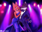  anthro canid canine canis clothed clothing dancing diane_foxington dr. dreamworks dress duo female fox hi_res male mammal mouce mr._wolf_(the_bad_guys) the_bad_guys wolf 