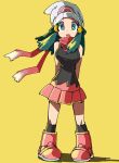  1girl beanie blue_eyes blue_hair breasts dawn_(pokemon) full_body hair_ornament hairclip hat highres hyou_(hyouga617) long_hair looking_at_viewer open_mouth pink_footwear pokemon pokemon_(game) pokemon_dppt scarf simple_background skirt sleeveless solo white_headwear 