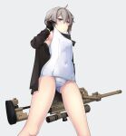  1girl absurdres ahoge ass_visible_through_thighs black_gloves black_jacket bolt_action cheytac_m200 clothes_pull covered_navel eyebrows_visible_through_hair girls&#039;_frontline gloves grey_background grey_hair gun highres jacket m200_(girls&#039;_frontline) nakiusagi one-piece_swimsuit ponytail purple_eyes rifle school_swimsuit simple_background sniper_rifle solo swimsuit swimsuit_pull weapon white_swimsuit 