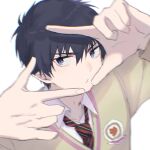 1boy ao_no_exorcist aoirnn black_hair closed_mouth eyebrows_visible_through_hair grey_background hair_between_eyes highres looking_at_viewer male_focus necktie okumura_rin pointy_ears red_necktie school_uniform simple_background solo striped striped_necktie uniform upper_body 