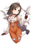  1girl asymmetrical_bangs bangs bird blush bodysuit breasts brown_eyes brown_hair choker falling_feathers final_fantasy final_fantasy_ix garnet_til_alexandros_xvii gloves highres jewelry lace-up_top long_hair low-tied_long_hair medium_breasts orange_bodysuit pendant puffy_sleeves shirt smile solo thigh_strap upper_body usami_(usami_l) white_background white_shirt 