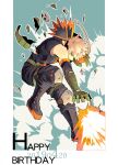  1boy bakugou_katsuki bare_shoulders black_bodysuit black_footwear black_mask blonde_hair blue_background bodysuit boku_no_hero_academia boots cai_(caiirocai) commentary_request explosion eye_mask gloves green_belt green_gloves happy_birthday knee_pads male_focus orange_gloves outline red_eyes short_hair solo spiked_hair torn_bodysuit torn_clothes two-tone_gloves white_outline 
