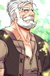  1boy bara bare_pectorals beard blurry blurry_background collared_shirt facial_hair green_eyes jacket leaf leopold_(senjuushi) liebling looking_to_the_side male_focus manly mature_male muscular muscular_male old old_man outdoors pectorals shirt sleeveless sleeveless_jacket solo thick_eyebrows tree user_cesh5454 white_hair 