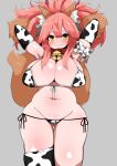  1girl :3 absurdres animal_collar animal_hands animal_print arapan arms_up ass_visible_through_thighs bell big_hair bikini breasts collar cow_print elbow_gloves fangs fangs_out fate/grand_order fate_(series) front-tie_bikini front-tie_top gloves grey_background highres huge_breasts jingle_bell long_hair lowleg lowleg_bikini navel neck_bell paw_gloves pink_hair ponytail side-tie_bikini simple_background single_thighhigh solo swimsuit tamamo_(fate) tamamo_cat_(fate) thick_eyebrows thighhighs yellow_eyes 