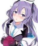  1girl bangs black_gloves blue_archive blue_necktie blush gloves hair_ornament halo highres holding_bento jacket long_hair looking_at_viewer necktie open_mouth purple_eyes purple_hair raifu_(rf) school_uniform simple_background solo twintails white_background white_jacket yuuka_(blue_archive) 