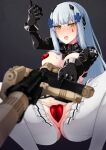  1girl absurdres animal_ears assault_rifle blush breasts embarrassed facepaint frown girls&#039;_frontline green_eyes gun h&amp;k_hk416 hair_ornament hairclip heart_pasties highres hk416_(girls&#039;_frontline) holding holding_gun holding_weapon light_blue_hair long_hair looking_at_viewer medium_breasts meme_attire nakiusagi pasties rabbit_ears revealing_clothes reverse_bunnysuit reverse_outfit rifle simple_background solo sweat very_long_hair weapon wrist_cuffs 