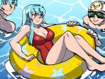  bare_shoulders barefoot blush breasts cleavage eirika_(fire_emblem) ephraim_(fire_emblem) fire_emblem fire_emblem:_the_sacred_stones fire_emblem_heroes goggles innertube kiran_(fire_emblem) large_breasts long_hair mnejing30 one-piece_swimsuit pool pushing red_swimsuit sleeveless swim_cap swimming swimsuit thighs wet wet_hair 