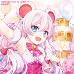  1girl :d animal_ears balloon bare_shoulders bell birthday_cake blue_eyes bow bowtie cake cen_(cenll) character_name dress fake_animal_ears fingernails food happy_birthday highres honkai_(series) honkai_impact_3rd looking_at_viewer mouse_ears neck_bell open_mouth pink_bow pink_bowtie sleeveless sleeveless_dress smile solo theresa_apocalypse white_dress white_hair 