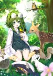  1girl :d absurdres animal bags_under_eyes bangs benghuai_xueyuan bird blurry blurry_foreground branch bunny cen_(cenll) coat deer dress eyewear_on_head flower full_moon glasses green_dress green_hair hedgehog highres honkai_(series) labcoat leaf moon mouse open_mouth outdoors owl pink_flower side_ponytail sitting smile solo squirrel tree wariza white_coat yellow_legwear yssring_leavtruth 