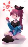  1girl :d apple bangs black_footwear black_shirt blue_jacket fang food fruit full_body highres holding holding_food holding_fruit indian_style jacket long_hair looking_at_viewer mahou_shoujo_madoka_magica navel open_mouth ponytail red_apple red_eyes red_hair sakura_kyouko sengoku_chidori shirt signature sitting skin_fang smile solo white_background 