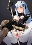  1girl absurdres assault_rifle blush breasts embarrassed facepaint girls&#039;_frontline green_eyes gun h&amp;k_hk416 hair_ornament hairclip highres hk416_(girls&#039;_frontline) holding holding_gun holding_weapon long_hair looking_at_viewer medium_breasts meme_attire nakiusagi pole revealing_clothes reverse_bunnysuit reverse_outfit rifle simple_background solo sweat torn_clothes torn_legwear very_long_hair weapon wrist_cuffs 