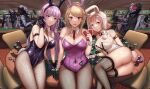  3girls :o ahoge akamatsu_kaede amami_rantarou animal_ear_headwear animal_ears arm_strap bangs between_breasts black_gloves black_leotard blonde_hair blunt_bangs braid breasts card casino celestia_ludenberg character_request cleavage closed_mouth cocktail_glass covered_navel cup danganronpa:_trigger_happy_havoc danganronpa_(series) danganronpa_2:_goodbye_despair danganronpa_v3:_killing_harmony detached_collar drinking_glass eyebrows_visible_through_hair fake_animal_ears fishnet_legwear fishnets frilled_leotard frills gloves hair_ornament hairclip helmet highres holding holding_card holding_tray indoors ippers kirigiri_kyouko large_breasts leotard long_hair looking_at_viewer lying medium_breasts mole mole_on_breast monokuma multiple_girls musical_note_hair_ornament nanami_chiaki neck_ribbon necktie necktie_between_breasts on_side on_table oowada_mondo open_mouth orange_necktie people pink_eyes pink_hair pink_leotard playboy_bunny playing_card poker_chip poker_table purple_eyes rabbit_ears rabbit_tail red_necktie red_ribbon ribbon short_hair side_braid slot_machine swept_bangs table tail tray waiter white_leotard wrist_cuffs yamada_hifumi 