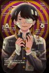  1boy absurdres bandaged_arm bandaged_head bandages bandaid bandaid_on_cheek bandaid_on_face bandaid_on_hand bangs black_eyes black_hair chromatic_aberration eyepatch gakuran highres kirara_yakubou long_sleeves looking_at_viewer male_focus medical_eyepatch noose ofuda ofuda_on_clothes open_mouth original parted_lips pentagram sanpaku school_uniform short_hair smile solo spiral_background tearing_up translation_request 