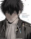  1boy absurdres bangs black_hair black_jacket blue_eyes cigarette collared_jacket commentary_request dated gintama hair_between_eyes happy_birthday hidaka_(hdka092) highres hijikata_toushirou jacket looking_at_viewer male_focus mouth_hold open_clothes open_jacket parted_lips simple_background solo upper_body v-shaped_eyebrows white_background 