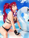  1girl bare_shoulders bikini black_bikini black_shorts breasts brown_eyes drawfagmona fingerless_gloves flame_print gloves gun hair_ornament hair_stick highres inflatable_flamingo large_breasts long_hair looking_at_viewer ocean ponytail red_hair rifle scarf shorts sidelocks smile smug swimsuit tengen_toppa_gurren_lagann water weapon wet yoko_littner 