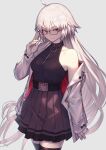  1girl absurdres ahoge bangs belt black_dress black_legwear breasts dress fate/grand_order fate_(series) glasses grey_hair highres jacket jeanne_d&#039;arc_alter_(fate) large_breasts long_hair long_sleeves looking_at_viewer nakanishi_tatsuya off_shoulder open_clothes open_jacket smile solo thighhighs thighs very_long_hair white_jacket yellow_eyes zipper 