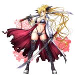  1girl ass_visible_through_thighs blonde_hair boots bra breasts cleavage cross-laced_footwear dual_wielding fate_testarossa flower full_body gloves groin hair_ribbon highres holding jacket jacket_on_shoulders katana kiriya_(aprikose_0312) lace-up_boots large_breasts long_hair lyrical_nanoha mahou_shoujo_lyrical_nanoha_strikers navel petals ponytail ribbon simple_background solo standing sword thigh_boots thighhighs thong torn_jacket underwear very_long_hair weapon white_background yellow_eyes 